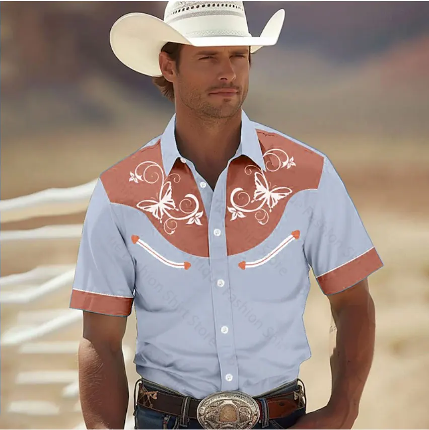 Men\'s Shirt Floral Western Cowboy Style Tribal Summer Lapel Short Sleeve Shirt Large Size Shirt