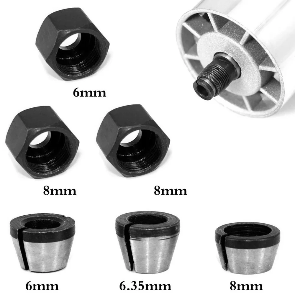 6Pcs Router Bit Collet Chuck Set 6/6.35/8mm Trimmer Collet Chuck Heads Carbon Steel Collet Chuck Adapter for Drills Engraving