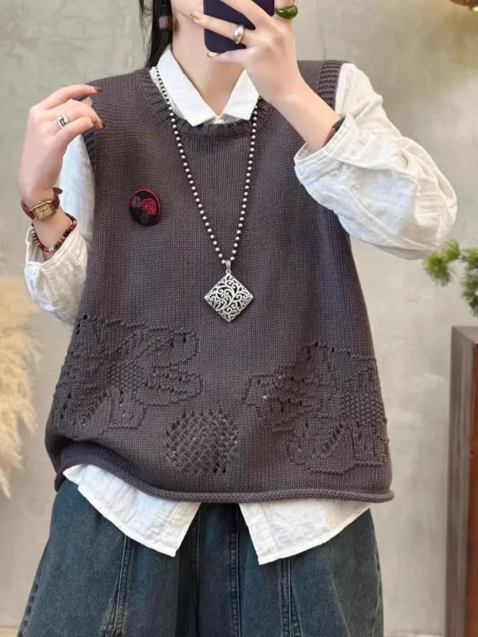 

Handmade Floral Knitted Cotton Tead Vest Loose Casual Svel Layering oulder Pad Women's Faion Spring Artistic