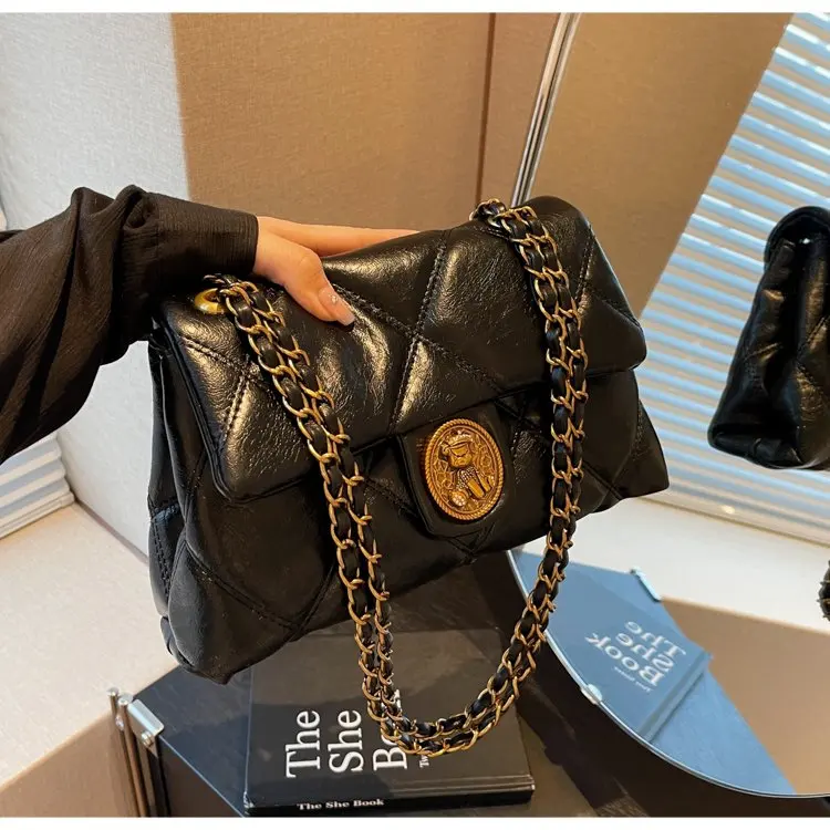 2025 Retro Rhombus Chain Messenger Bag - Women's High-End Double-Layer PU Leather Shoulder Bag with Versatile Square Design