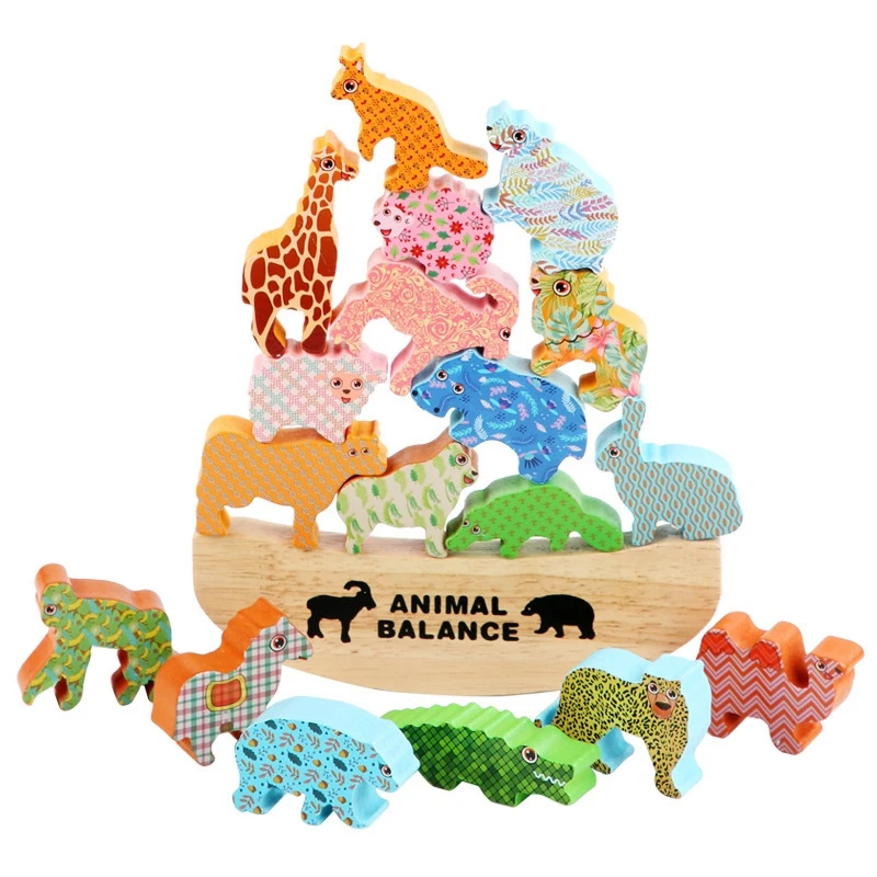 Blocos de equilíbrio animal brinquedo kit crianças empilhamento de madeira dinossauro brinquedos para crianças coordenação mão-olho