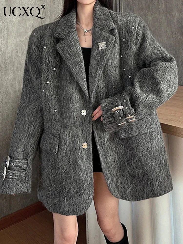 UCXQ Stylish Blazer Coat Streetwear Lapel Loose All Match Rivet Buckle Long Sleeve Woolen Coats Women 2025 Autumn Winter 23C2934