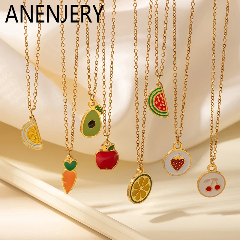 ANENJERY 316L Stainless Steel Lemon Strawberry Cherry Carrot Necklace For Women Personality Versatile Jewelry Wholesale Party