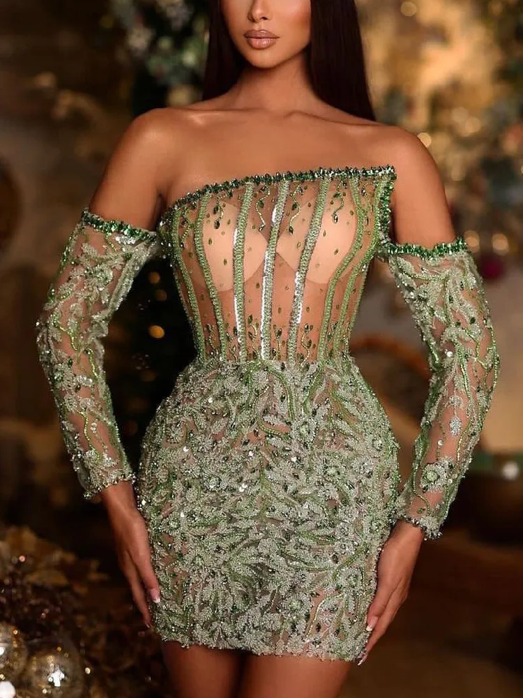 Sexy Evening Dresses Bateau Strapless Long Sleeves Sequins Appliques Beaded Beaded Hollow Thigh Length Prom Dresses Custom Made