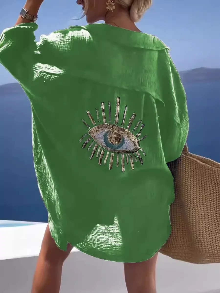 Women Evil Eye Sequin Print Loose Shirt 3/4 Sleeve V Neck Crinkled Blouse Summer Beach Cover Up Casual Oversized Tunic Top