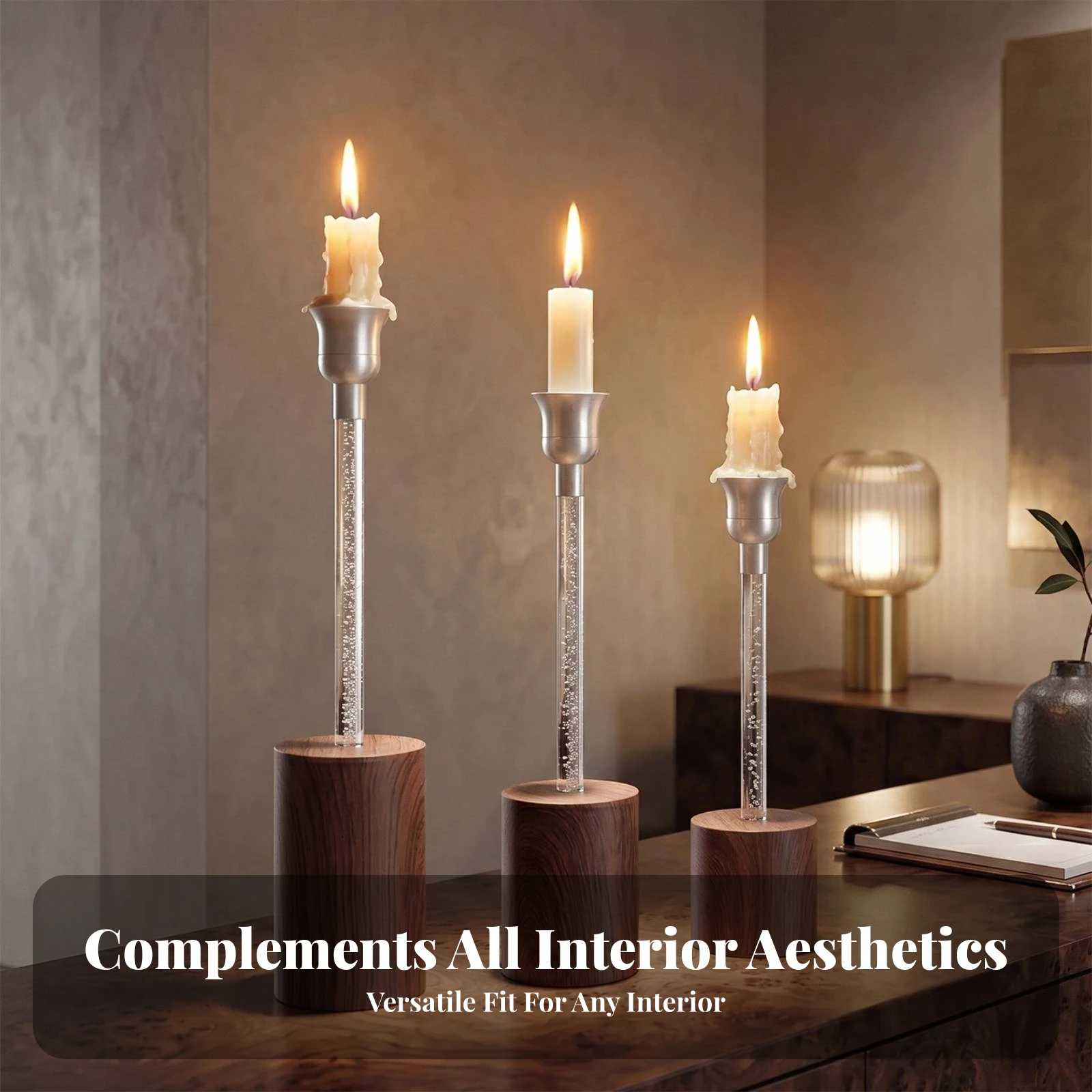 3 Pieces Cylindrical Taper Candle Holder Wood Base Candle Stand Modern Candlestick Holder Silver-Tone Metal