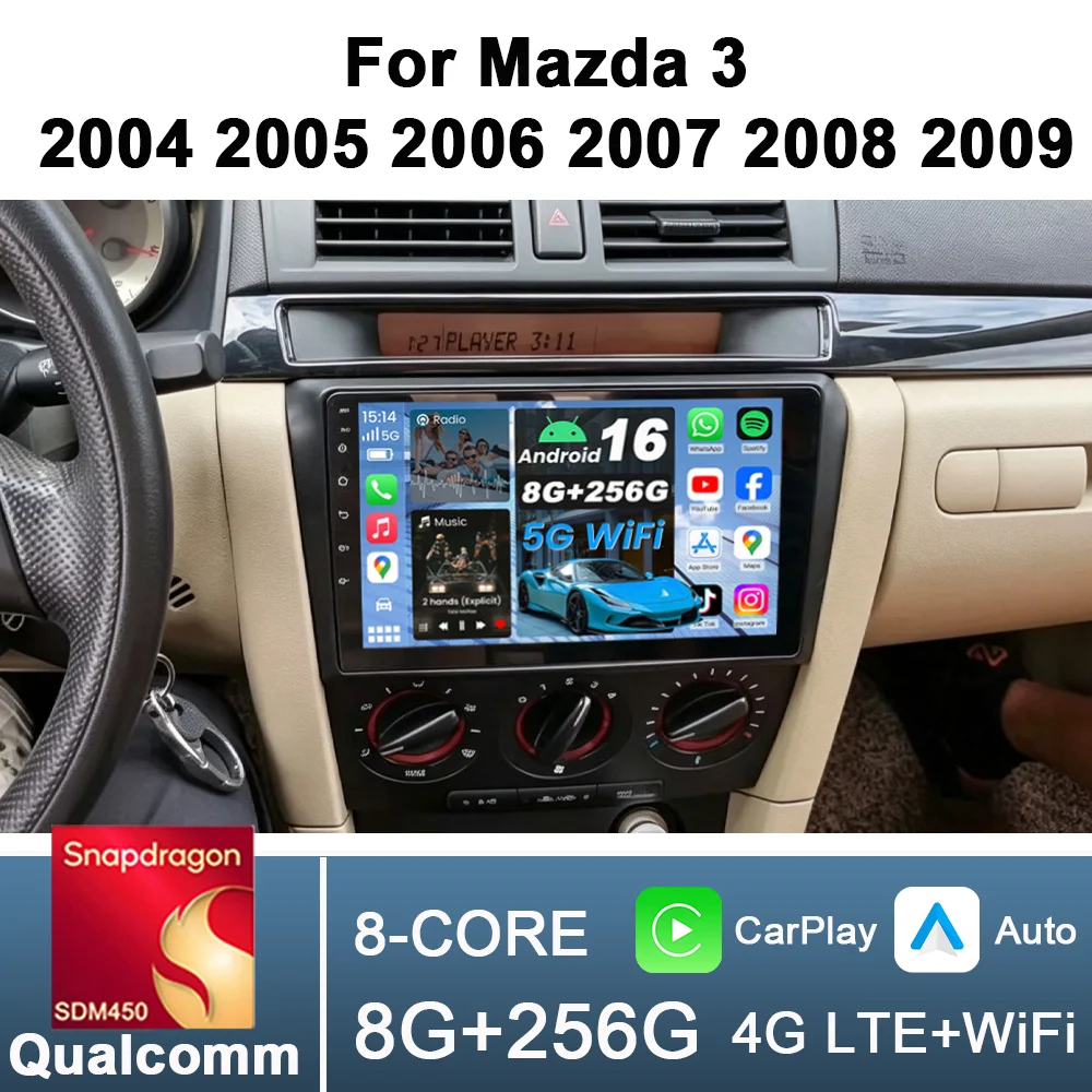 2Din 9inch CarPlay Android 16 Auto Car Radio for Mazda 3 2004 - 2009 Multimedia Navigation GPS RDS DSP 4G BT Qualcomm 8 Core