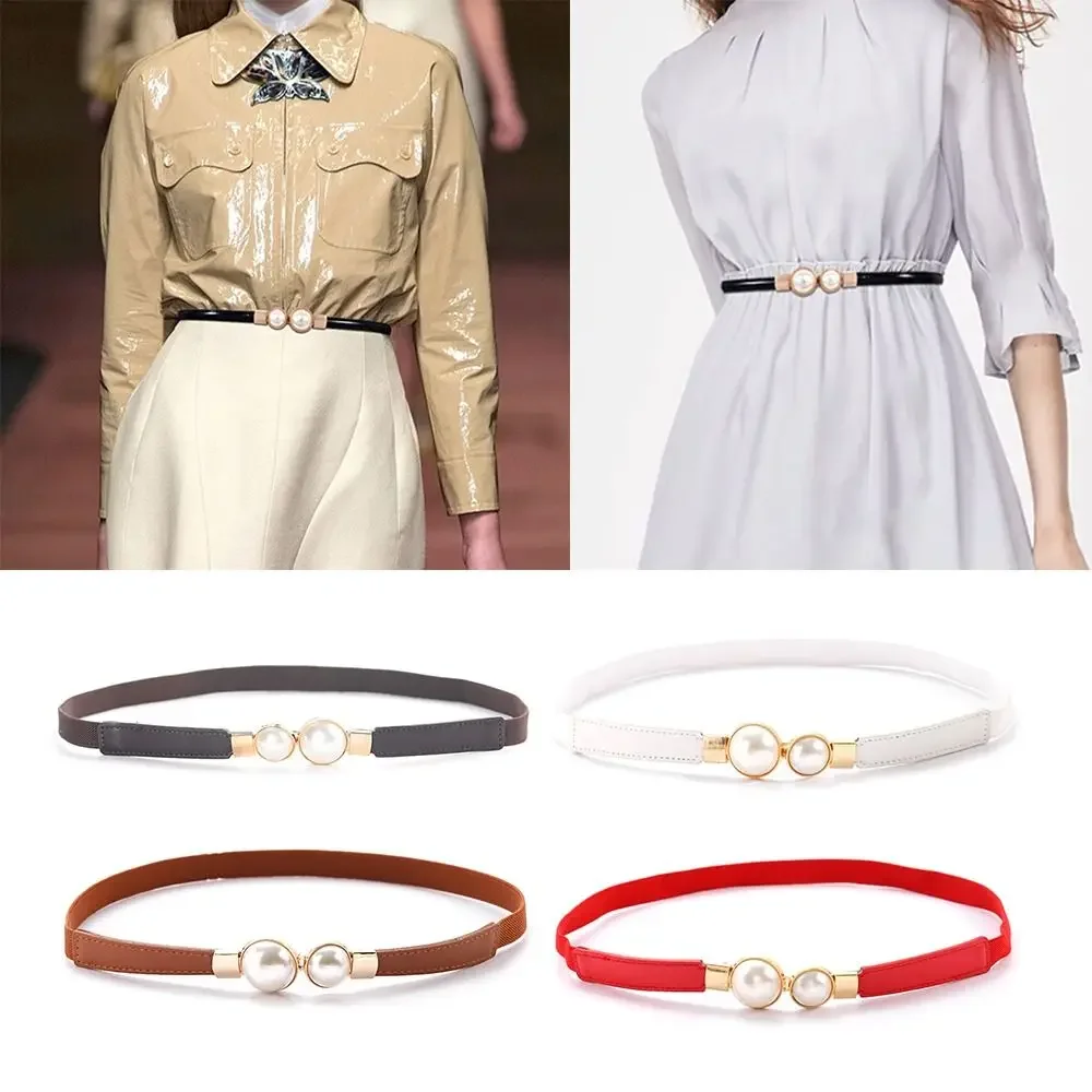 

Elegant Double Pearls Buckle Elastic Women Belts Thin Straps Lady Girl Dress Skirt Decor Waistbands Trouser Dress Decoration