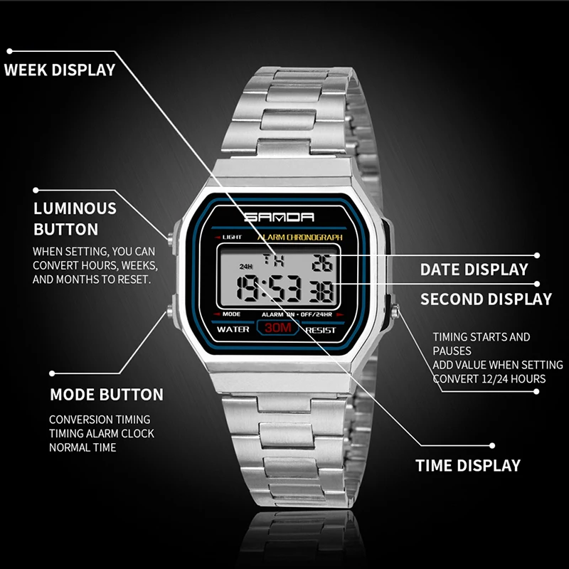 SANDA Multifunctional Women Electronic Watch Waterproof Luxury Gold Strap Luminous Digital Display Fashion Womens Quartz Watches