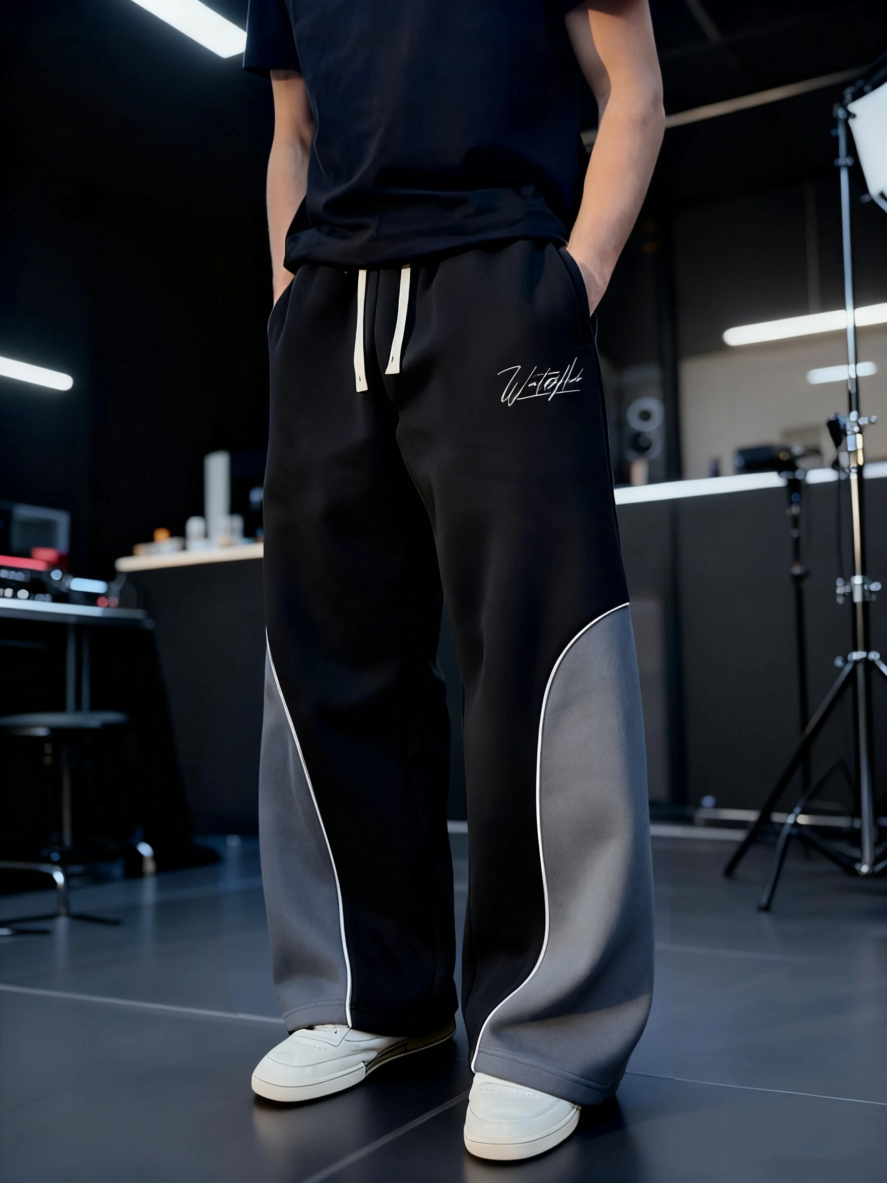2026 Summer Men's Black Grey Color Block Sweatpants Quick Dry Breathable Signature Print Joggers Casual Streetwear Kids Pants