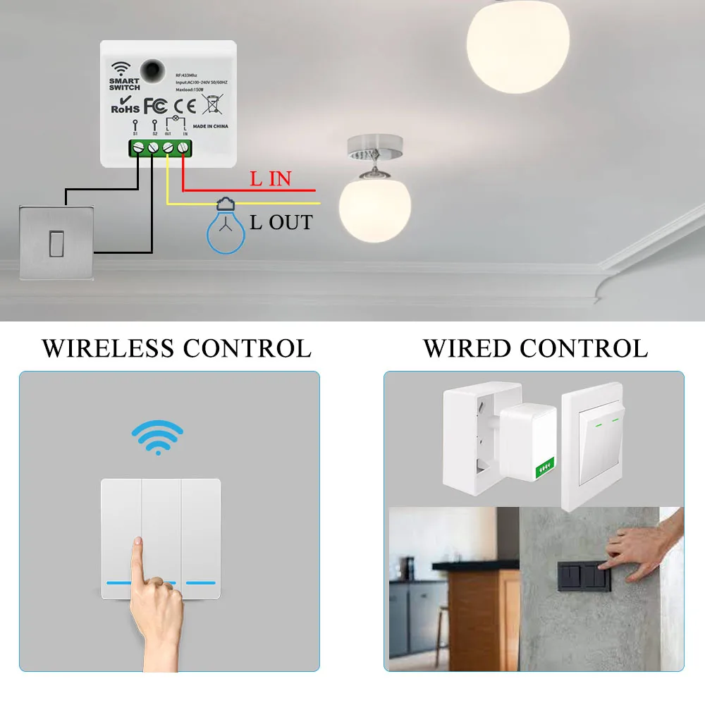 2 Way Light Switch Without Neutral,Mini 1/2 CH Relay Wireless Controller Module RF Remote Control Wall Switch 110v 220v ON/OFF