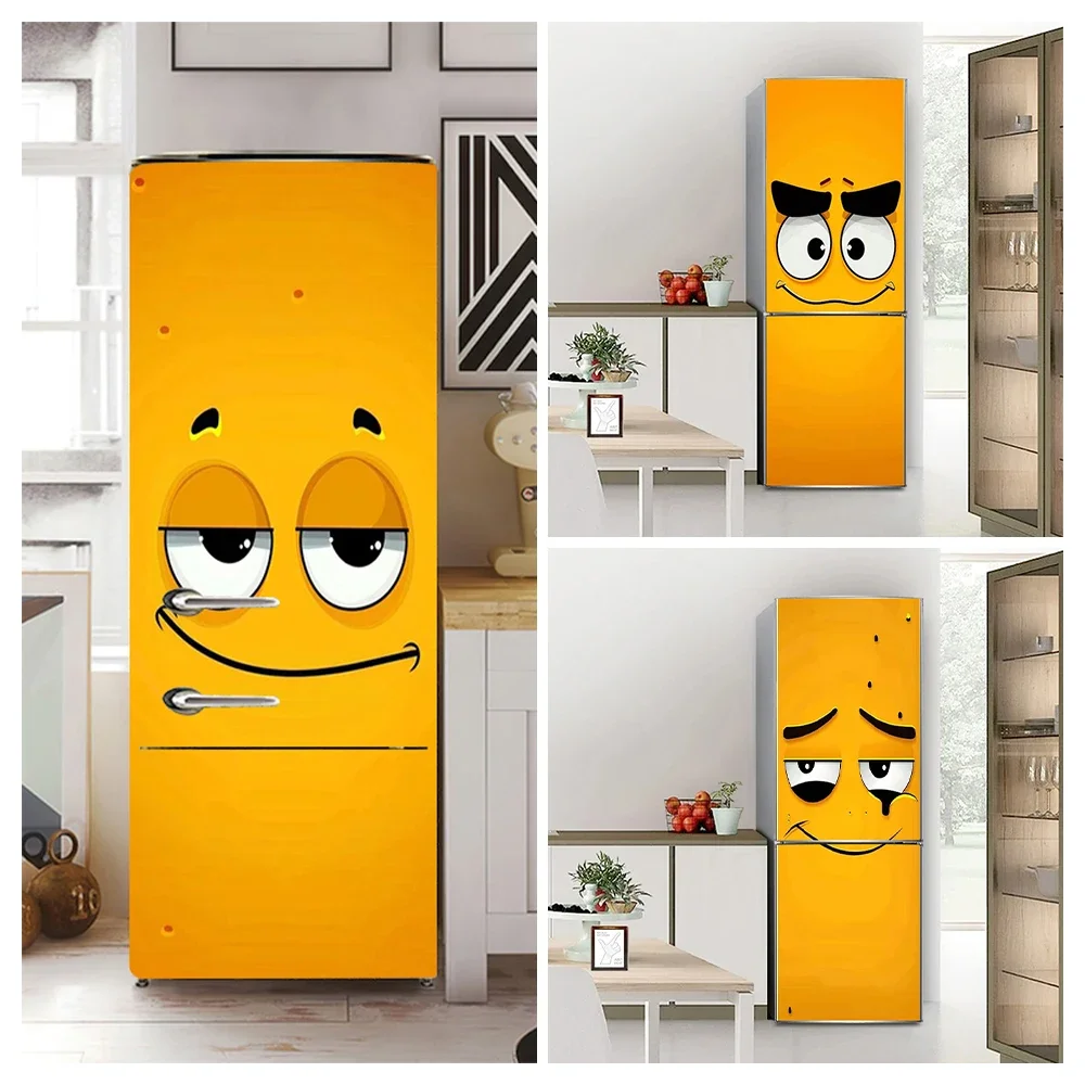 

Funny Cartoon Facial Expressions Fridge Door Decals Kitchen Wallpaper Yellow Background Expression Refrigerator Modeling Sticker