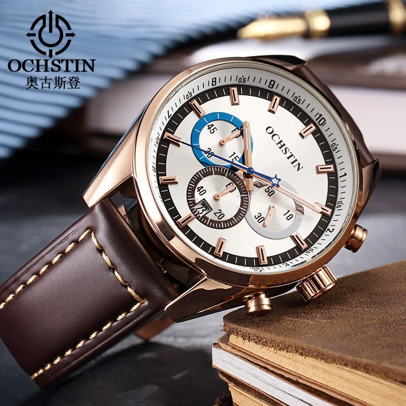 OCHSTIN men's waterproof leather running seconds quartz watch wholesale agent leisure business men's watch hot sale