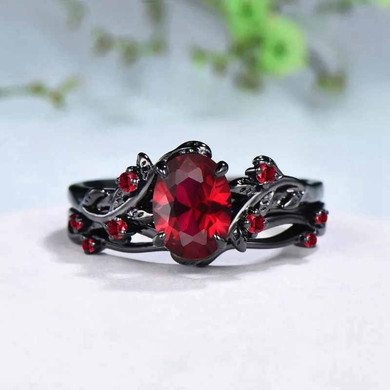 European and American New Retro Style Ruby Inlaid Gun Black Rose Branch Cross Women\'s Ring