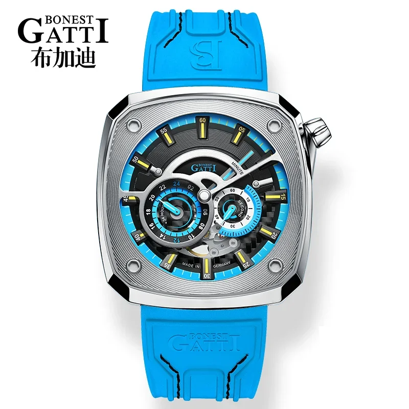 BONEST GATTI Top Brand Luxury Watch Men Rubber Strap Auto Mechanical Waterproof Watches for Men's Luminous Clock Reloj Hombre