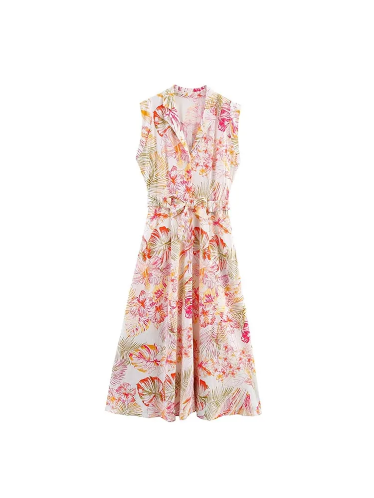 

Floral Linen Tank Maxi Dress Women Summer Sleeveless Button Belt Fashion Robes Lady Elegant Evening Party Long Dress 2025