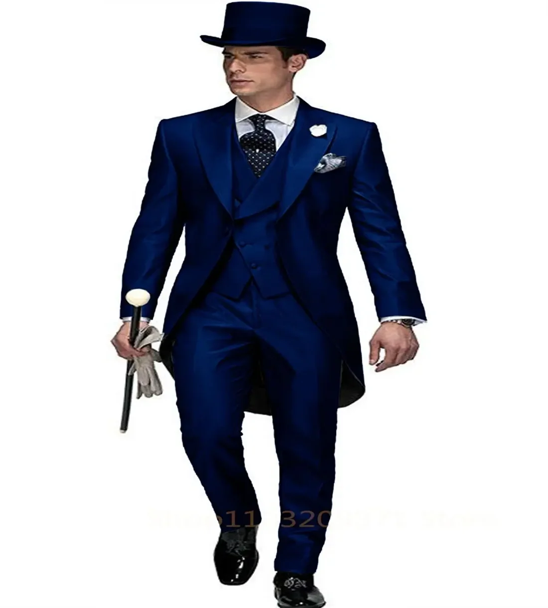 3 Piece Blue Long Tail Coat Gentleman Man Suits Male Fashion Groom Tuxedo for Wedding Prom Jacket Waistcoat with Pants