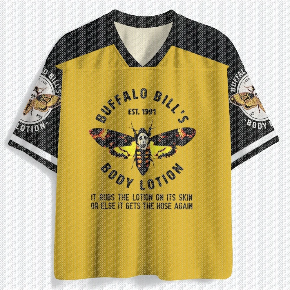 V Neck Yellow Black Mesh Jersey T Shirt Moth Skull Print Front Back Sleeve Casual Streetwear Retro Hip Hop Top view 2