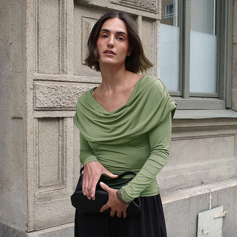 T-Shirt à manches longues et col rond profond pour femme, haut plié de couleur Pure, tissu Polyester, Style Sexy, nouvelle collection hiver 2025