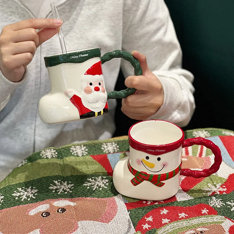 Christmas-themed ceramic mug with handle,3D Christmas socks, boots, and cup, heat-resistant for home use, snowman gift mug 360ml