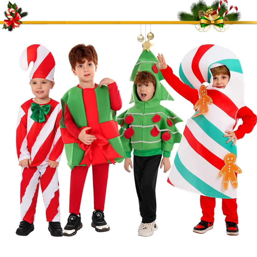

Christmas Costumes Candy Cane Gift Box Cosplay Costume Boy Santa Claus Clothes Holiday Party Stage Performance Costume