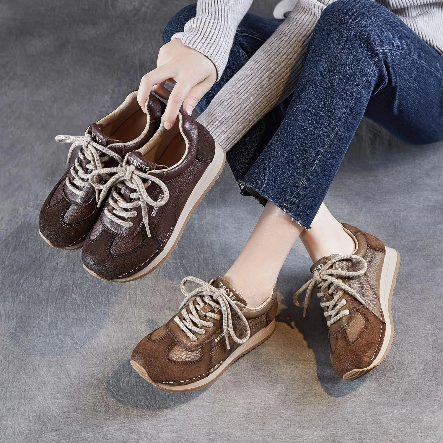 

Leather Dequn Shoes Women's New Style Agan Retro Sports Casual Tie Shoes Breathable round Toe Flat Heel Rubber Outsole