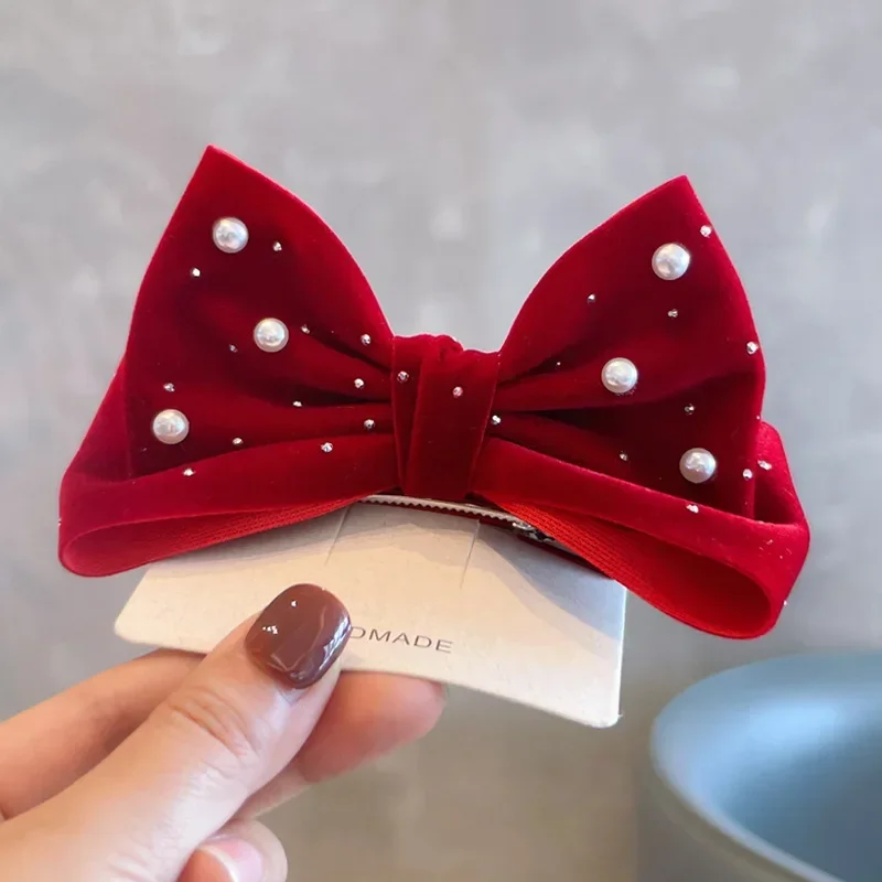 New Red 3D Pearl Bow Hair Clips Kids Children Princess Barrettes Girls Elastic Hair Bands Headwear Kids Hair Accessories