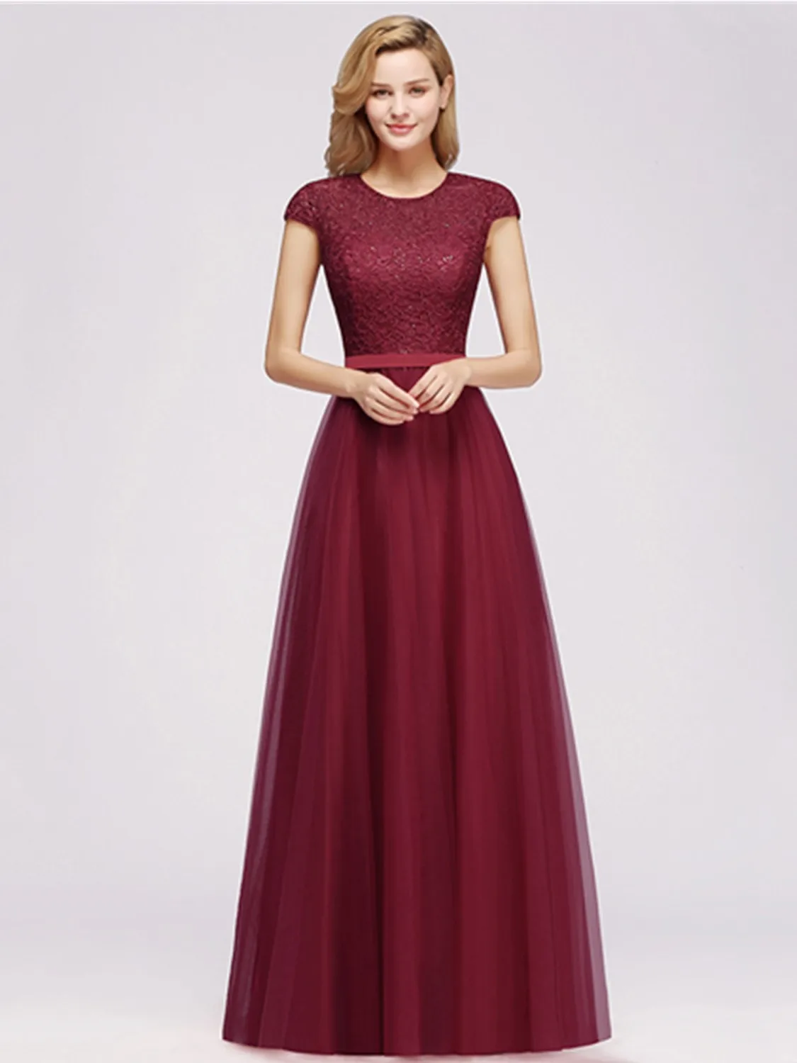 Vintage Burgundy Floral Lace Maxi Dresses For Women Elegant O Neck Short Sleeves With Linning Female Evening Prom Party Gowns