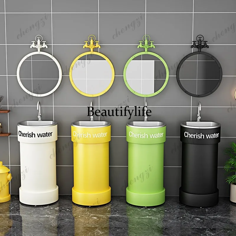 A114 industrial style bar retro column wash basin cabinet commercial creative round stainless steel wash basin color
