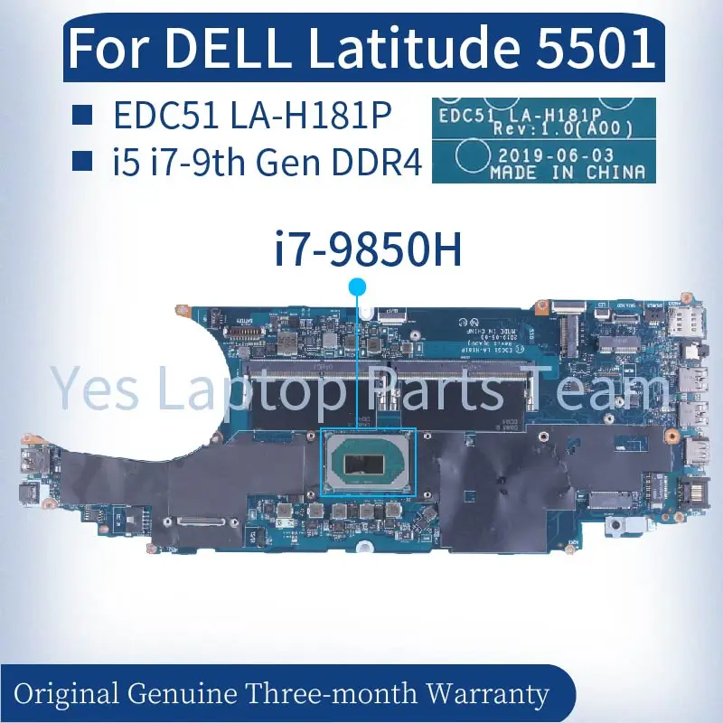 

For DELL Latitude 5501 Laptop Mainboard EDC51 LA-H181P CN-0D9D89 0D9D89 D9D89 05T36M CN-0GWDNC 0GWDNC DDR4 Notebook Motherboard