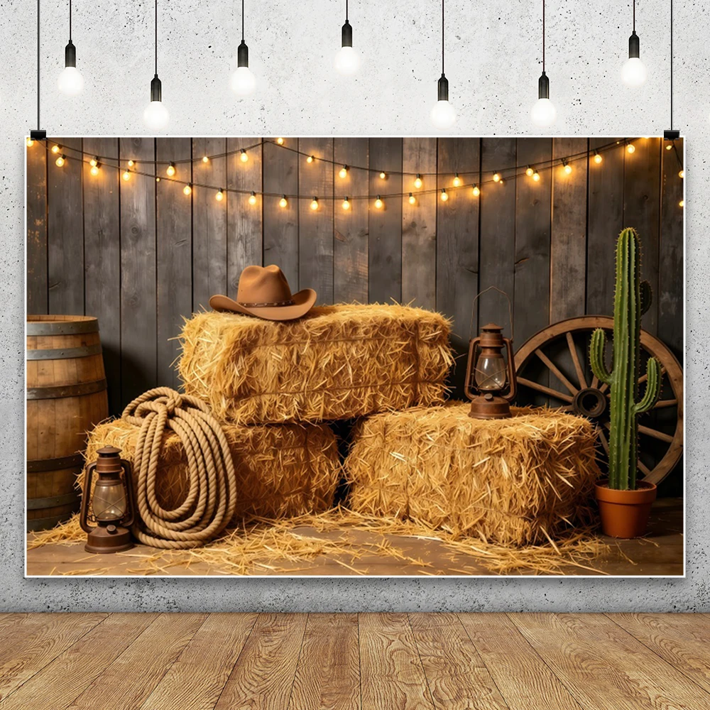 Western Farm Photography Backdrop Rustic West Wooden Board Grass Stack Cactus Carriage Wheel Adult Kid Portrait Photo Background