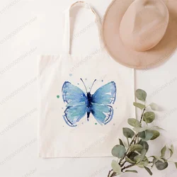 Color Blue Butterfly Handbags Custom Canvas Tote Bag Print Daily Use Reusable Travel Casual Shopping Bag