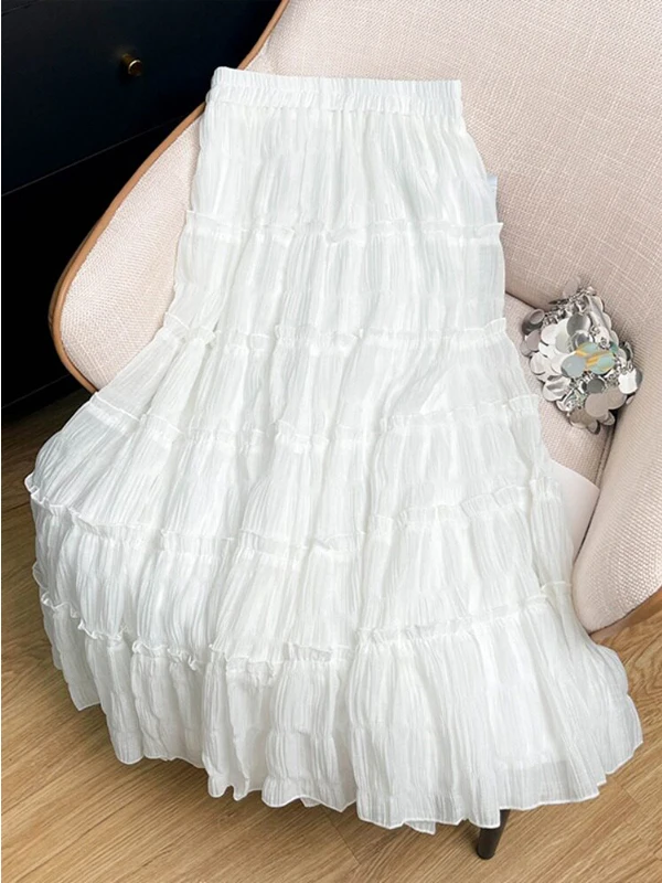 Summer 2026 New Beautiful Slimming Drapey Midi A-Line Cake Umbrella Skirt White Women's Half-length Skirts High Waist Elastic...