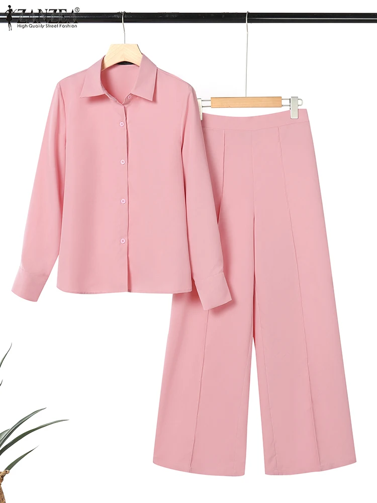 2025 Herfst Broek Pak ZANZEA Elegante Revers Hals Lange Mouw Losse Broek Sets Vrouwen Bijpassende Sets 2 STKS OL Werkoutfits