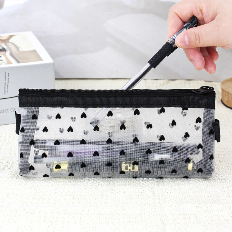 Mesh Cosmetic Makeup Bags Case Holder Cute Transparent Zipper Black Heart Printed Pencil Pen Case Pouch Convenient To Carry