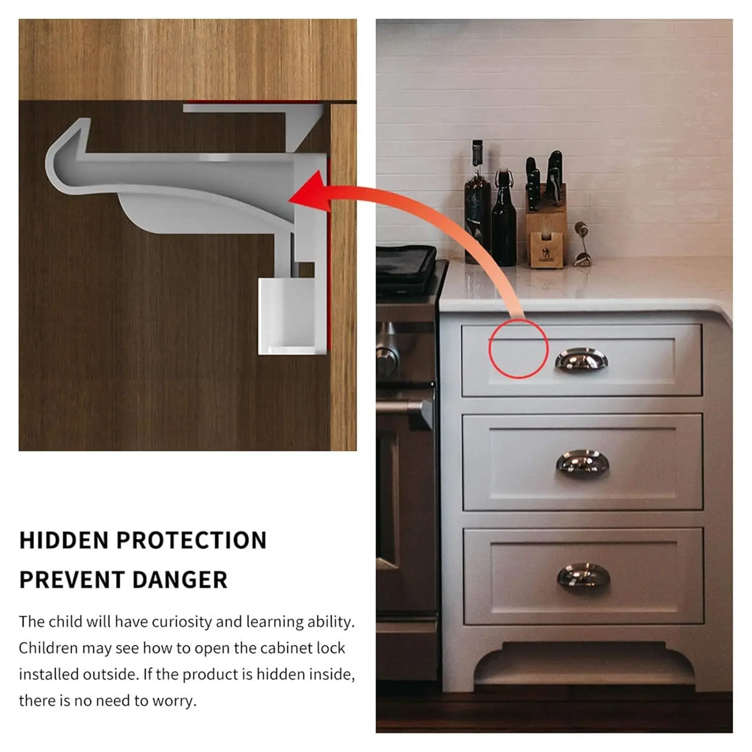 Invisible Baby Cabinet Latch Locks, No Drilling Strong Adhesive Child Safety Locks for Cabinets Drawers with Countertop Overhang - view 3