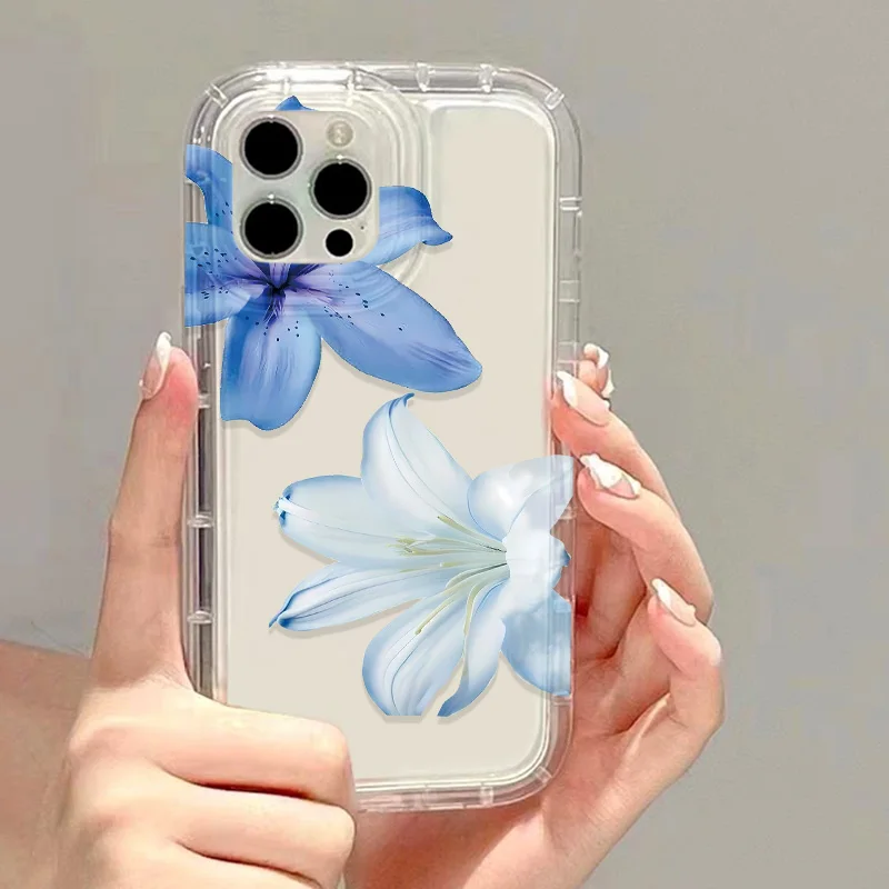 Custodia per telefono trasparente per iPhone 16 Pro 17 11 13 15 12 14 Pro Max 17 Air 16E XR 7 8 Plus SE 2022 Cover antiurto fiore di giglio blu