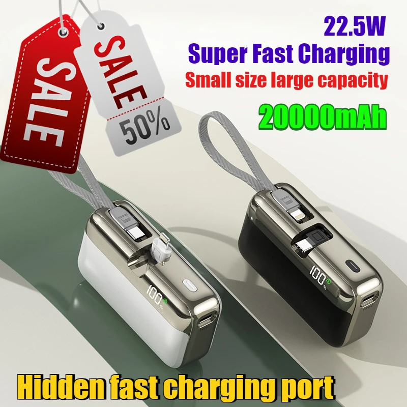22.5W Fast Charging 10000mAh Power Bank 3C Mini Capsule Portable Charger with Built-in Cable