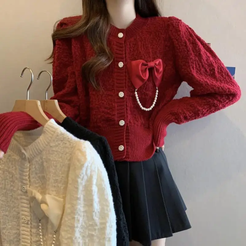 Knitted Cardigan Jacket Women Early Spring New Sweet Temperament Knot New Year Red Sweater Top