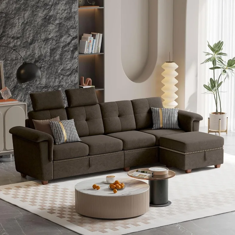 Sofa dengan tempat penyimpanan, Sofa bentuk L 4 kursi dengan tempat duduk dan tempat cangkir, Sofa kain serat mikro Modern