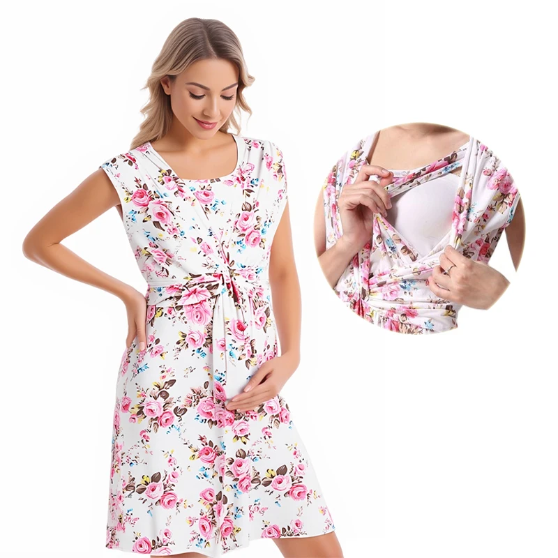 فستان للرضاعة الطبيعية فساتين فستان حمل طباعة ألف خط بلا أكمام فساتين بطول الركبة للنساء الحوامل الصيف #3