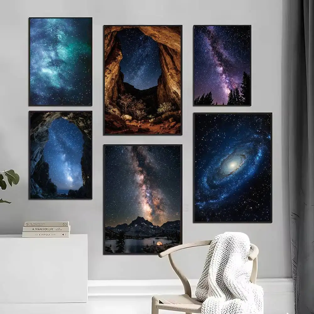 Galaxy Space Poster, Multiple Style Milky Way Starry Sky Cosmic Cave Mountain Night Landscape Universe Astronomy Wall Poster