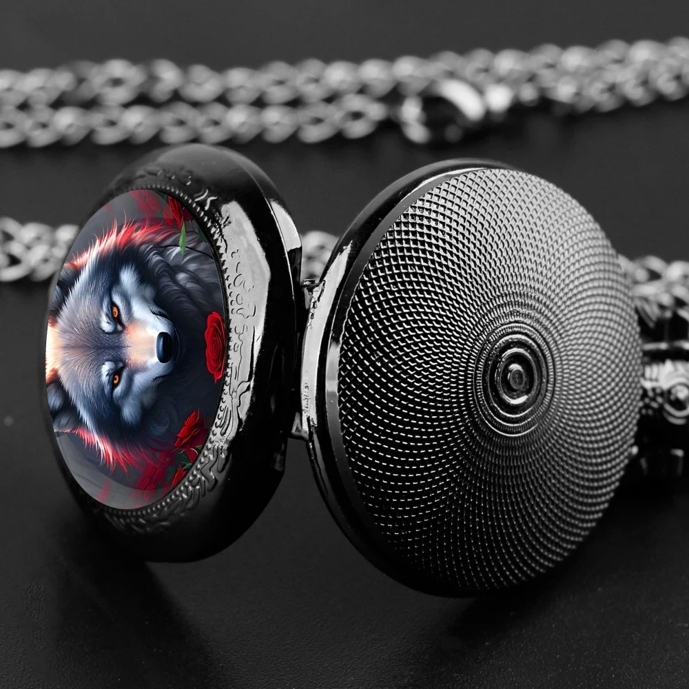 10pcs/lot Unique Wolf Animal Pattern Quartz Pocket Watch Black Necklace Pendant World-Time Feature Analog Display For Women Men