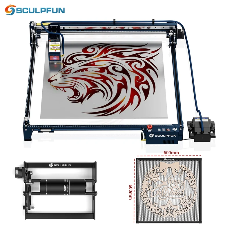 SCULPFUN S30 Ultra-11W Laser Engraving Machine 600x600mm Engraving Area  Automatic Air Assist Replaceable Lens Eye Protection