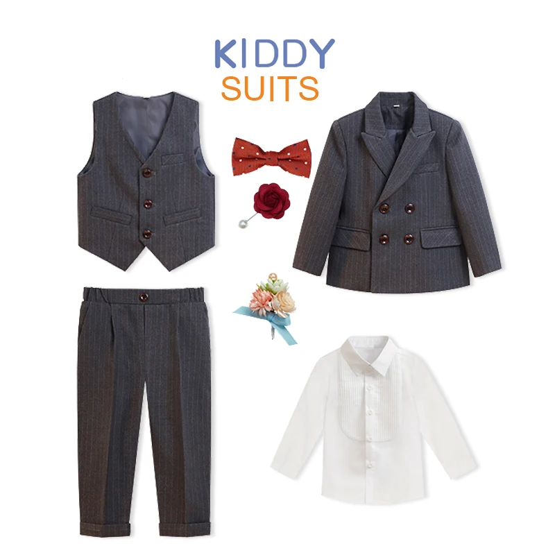 

Children Boys Clothes set Gray Stripe Formal Suit Boys Wedding Birthday Party Costume Kids Blazer Vest Pants Bow tie Outfit