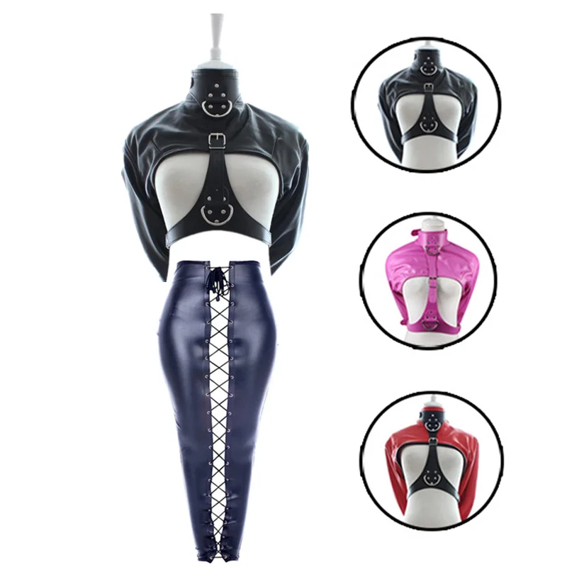 Female PU Leather Body Harness Open Cup Bare Chest Straightjacket BDSM Bondage Mermaid Leg Binder Restraint Bag Adult Sex Toys