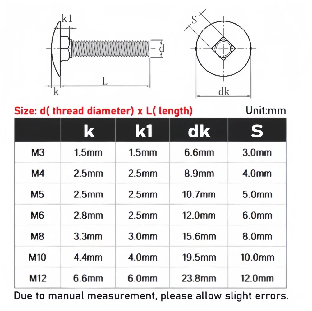 GB12 Black 304 Stainless Steel Coach Bolt M8‑M12 Truss Round Head Square Neck Carriage Screw 12‑100mm Equipment Fixing Fastener