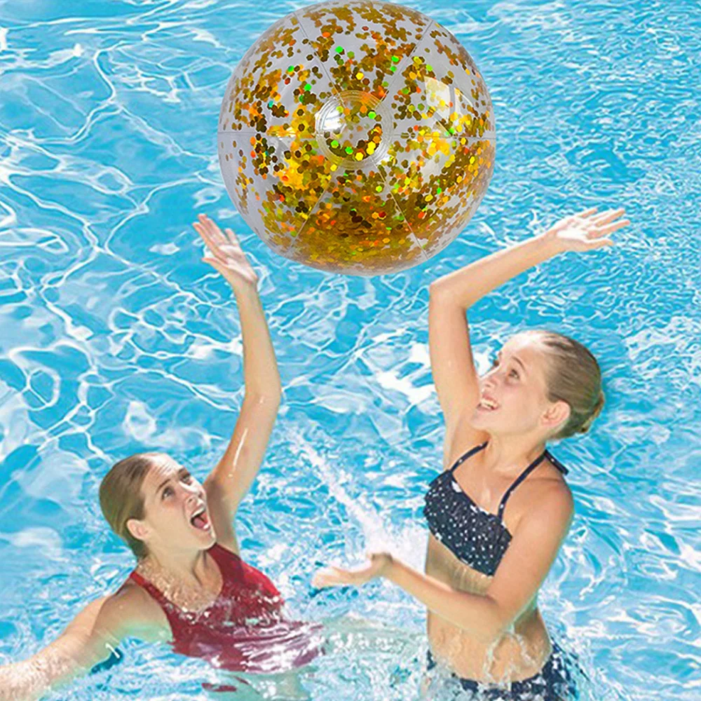 40cm/16inch Beach Ball Transparent Inflatable Swimming Pool Toy Ball with Beautiful Confetti Sequins for Summer Party Water Park