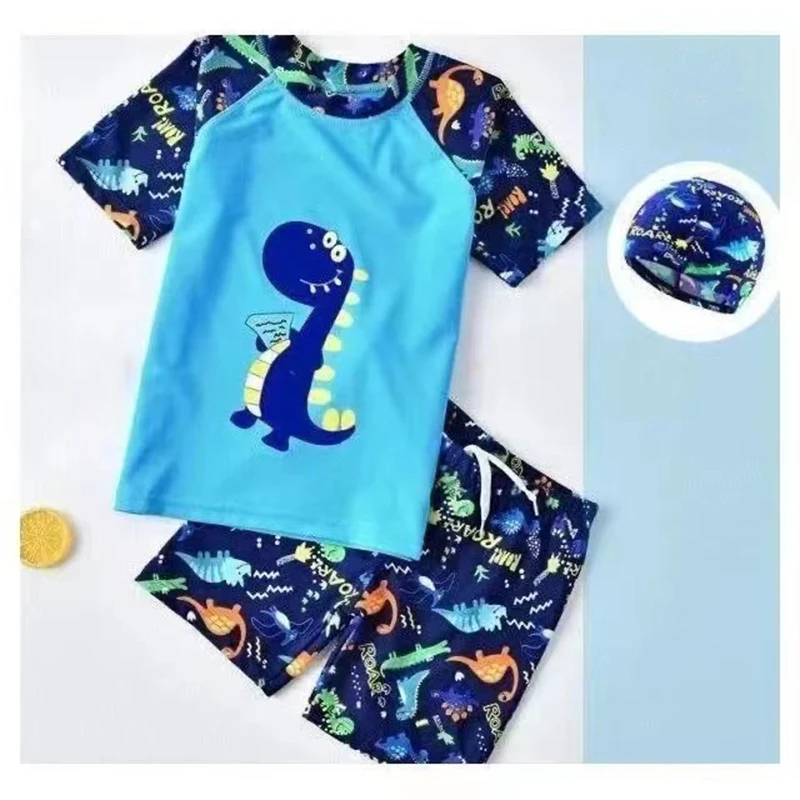 3Pcs Set Cartoon Print Kids Boys Swimwear Children\'s Swimsuit Kids Surfing Suit Swimming Clothes For Boy Beachwear with Hat