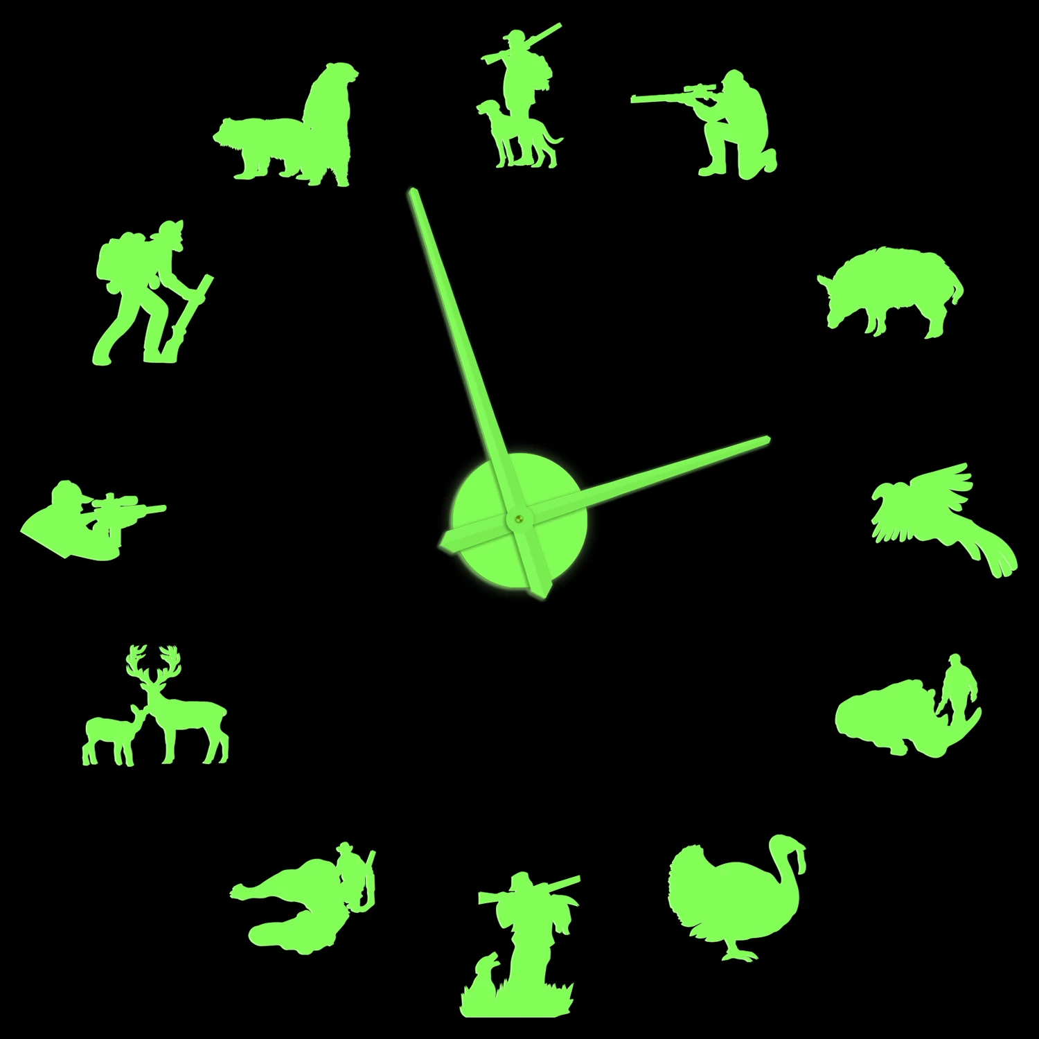 

Hunting Glow in Dark Wall Clock For Man Cave Prey Animal Hunters Home Decor Self Adhesive DIY Giant Silent Luminous Wall Watch